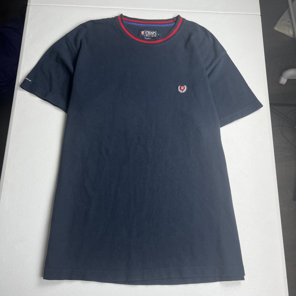 Chaps Ralph Lauren Mens Navy Blue Waffle Knit Golf Shirt Large Embroidered Crest